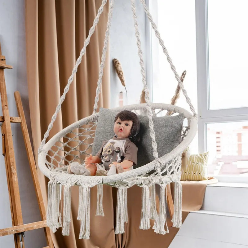 Nordic Style Cozy Macrame Hanging Chair Swing for Balcony Boho Egg Swing Seat Indoor Outdoor Rope Hammock Chair with Fringe