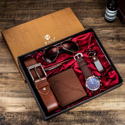 Gift Business Luxury Company Mens Set 6 in 1 Watch Glasses Pen Keychain Belt Purse Welcome Holiday Birthday