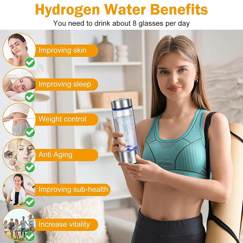 Home office and travel hydrogen water bottle generator - USB rechargeable portable glass hydrogen water bottle