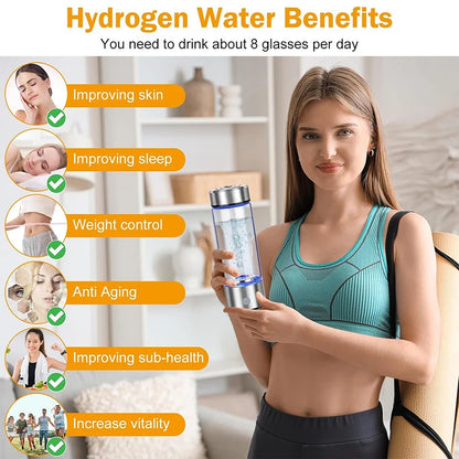Home office and travel hydrogen water bottle generator - USB rechargeable portable glass hydrogen water bottle