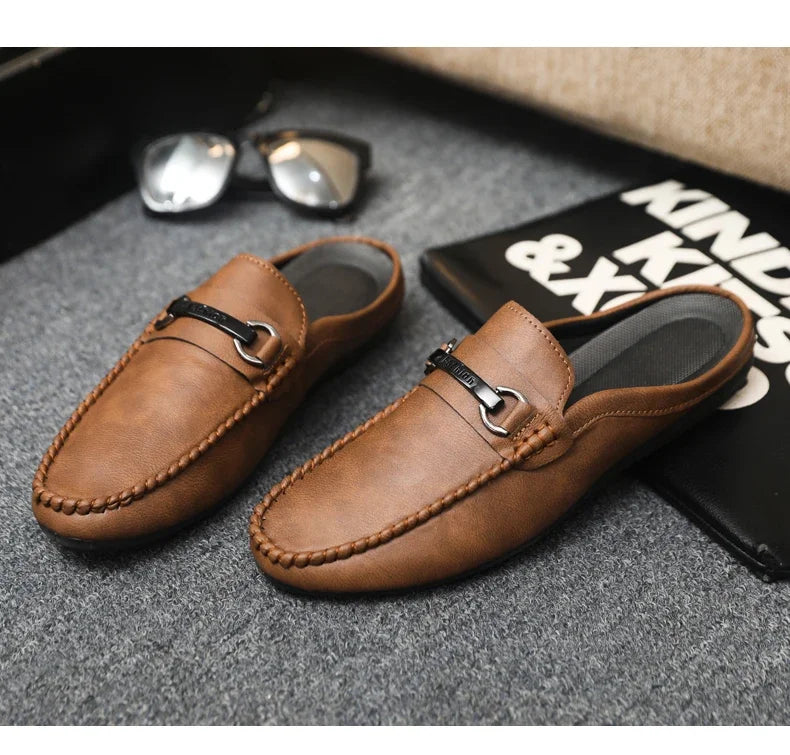 Summer Half Shoes For Men Comfortable Leather Casual Shoes Soft Flat Men's Loafers Lightweight Slip-on Shoes Man Daily Slippers