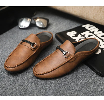 Summer Half Shoes For Men Comfortable Leather Casual Shoes Soft Flat Men's Loafers Lightweight Slip-on Shoes Man Daily Slippers
