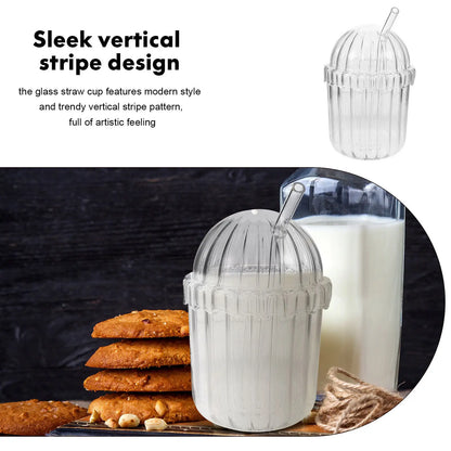Glass Straw Cup High Borosilicate Clear Large Capacity Vertical Stripe Design Reusable Juice Milk Beverage Drinking Glass