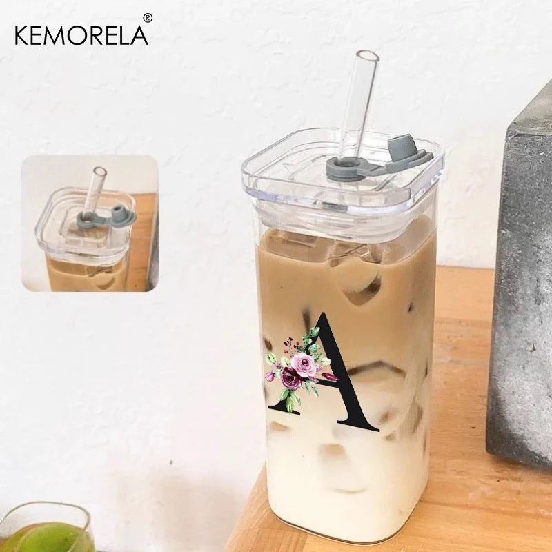 1PCS 24 Letter-Shaped Glass Tumblers with Lid And Straw Coffee Tumbler 300ML Clear Square Drinking Tumbler For Coffee Beer Milk