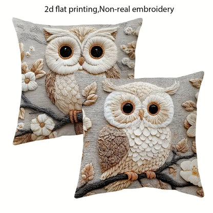 2pcs Rustic Owl Lumbar Throw Pillow Covers Neutral Tone Floral Branch Decorative Pillowcases for Sofa Bedroom Living Room
