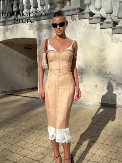 Lace Hem Corset Style Long Dress Skin Tone Mesh Vertical Stitch Slim Mid Length Silhouette 2026 Summer Holiday Women Daily Wear
