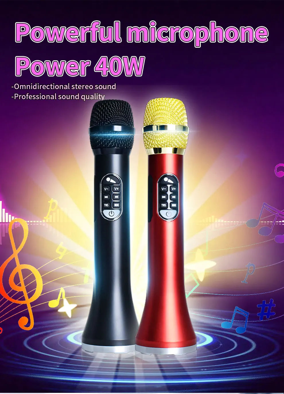 1Pc of 40W Portable Bluetooth Speaker Mic 6400mAH TWS Type-C Fast Charging Powerful Wireless Karaoke Microphone for Party&Travel