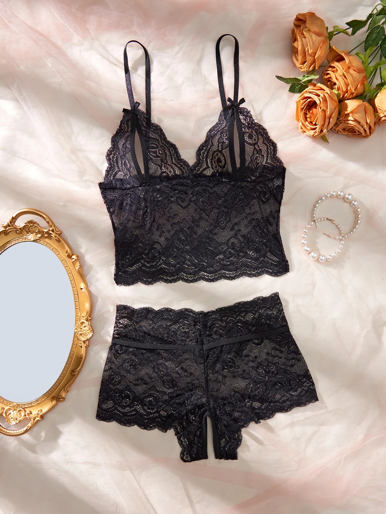 Women Black Open-Back Lace Two-Piece Panties Underwear Sleep Set