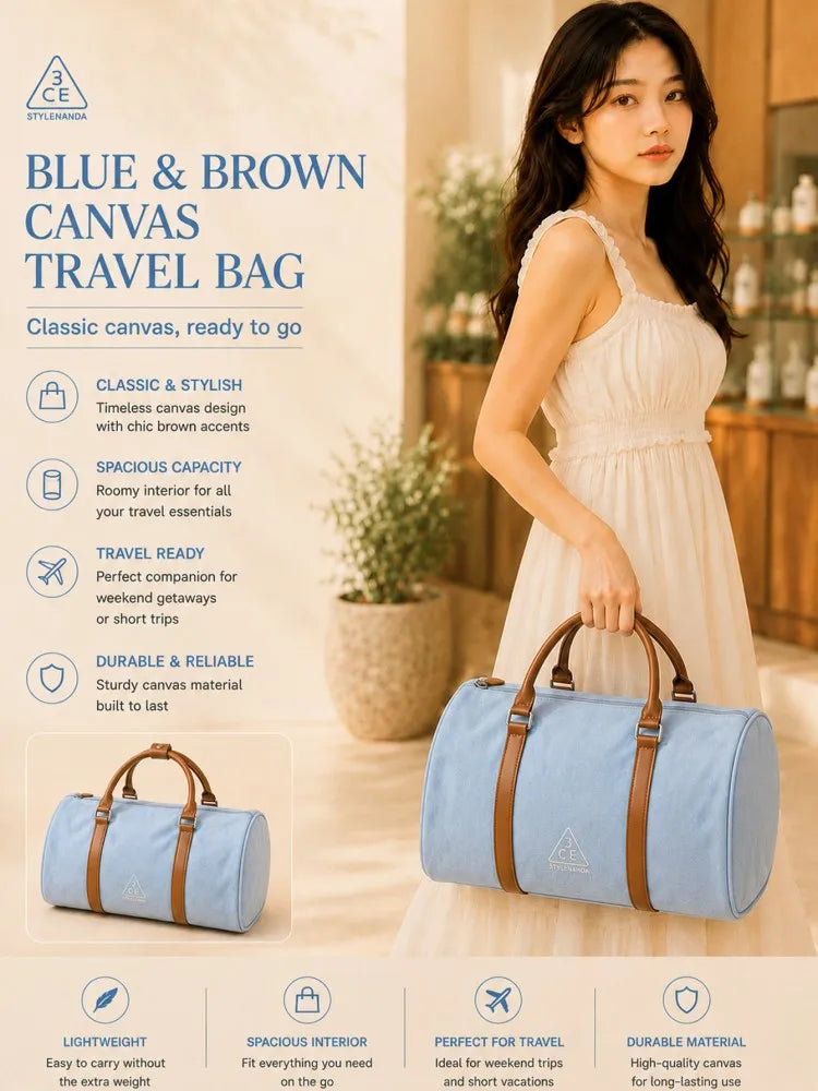 3CE Blue & Brown Color-Block Canvas Travel/Makeup Bag – Suitable for outdoor trips; spacious enough to store various cosmetics