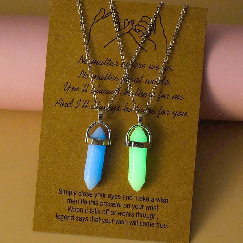 2Pcs/Set Luminous Hexagonal Column Heart Pendant Couple Magnetic Necklace Natural Stone Geometric Pendant Necklace Jewelry Gifts