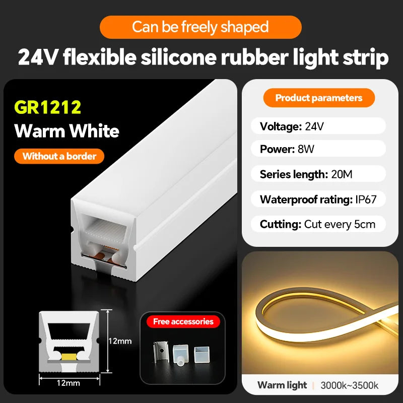 LED flexible silicone light strip embedded 24V waterproof tubing linear lamp concealed installation flexible soft light strip