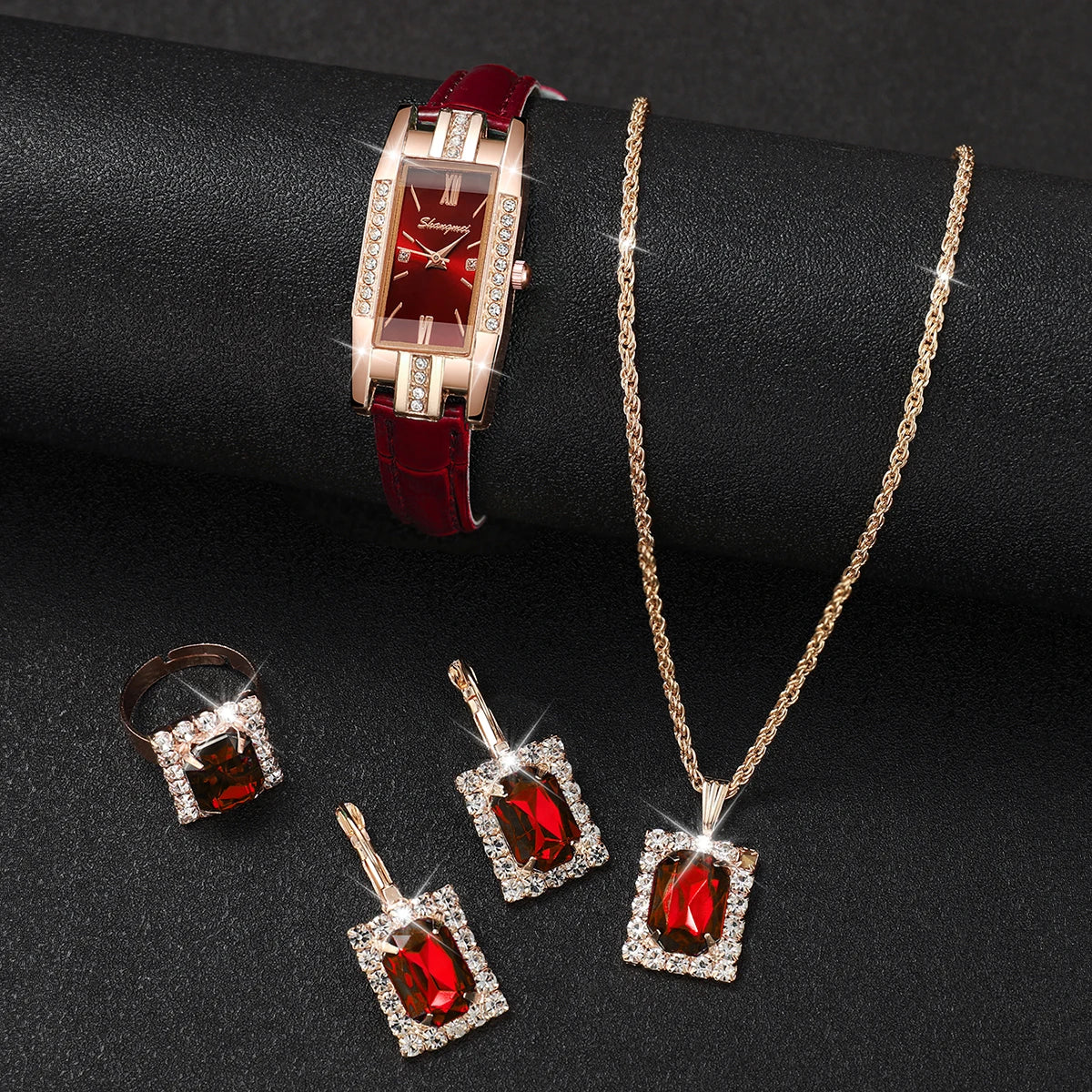 Synthetic Diamond Jewelry Set White Woman, Watch, Trendy Style, Gift for Girlfriend, Spine, Woman, 5 Pieces Per Set