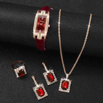 Synthetic Diamond Jewelry Set White Woman, Watch, Trendy Style, Gift for Girlfriend, Spine, Woman, 5 Pieces Per Set