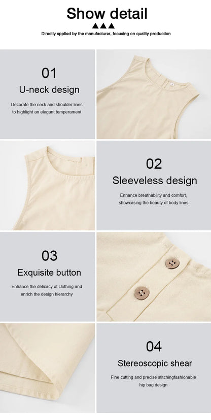 Classic Solid Color Cotton-Linen Women's Dress New Arrival Simple Sleeveless Tank Dress Casual Round-Neck Summer Dresses