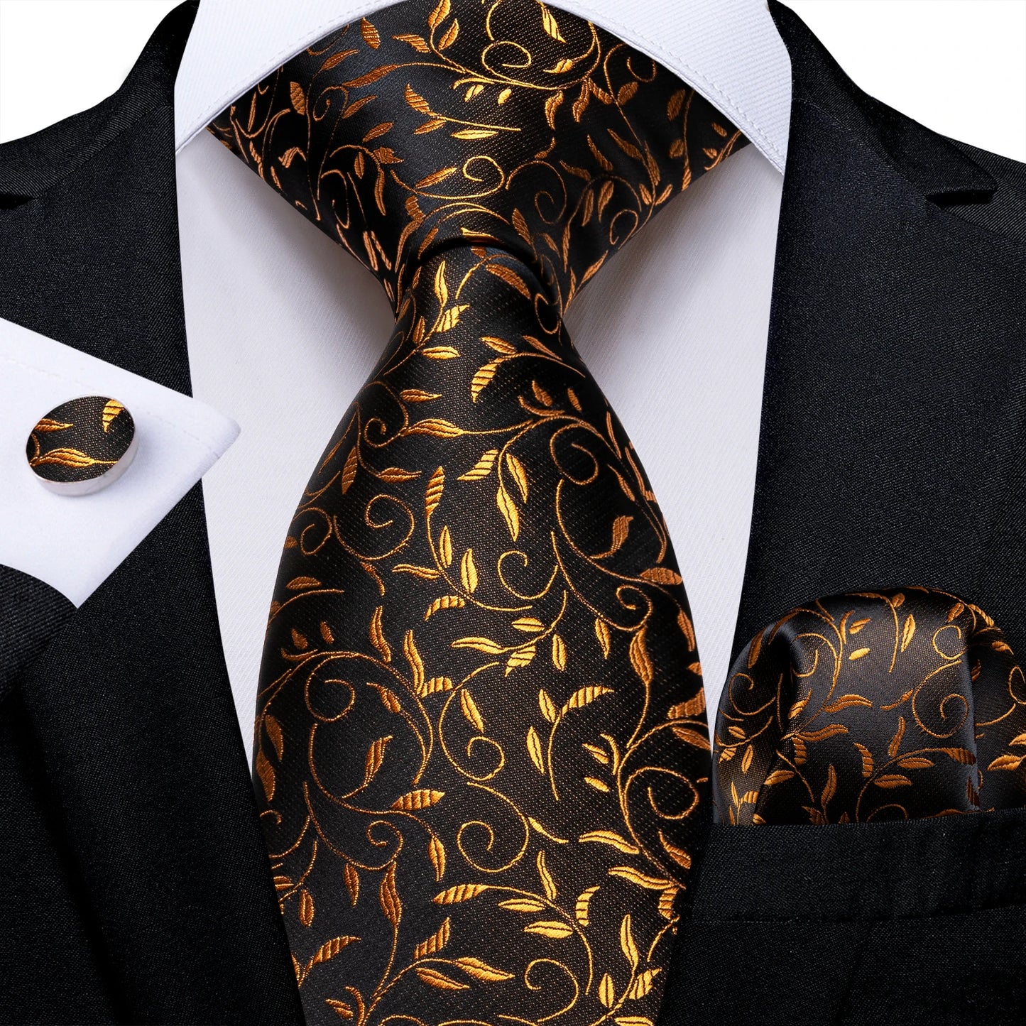 Luxury Black Gold Paisley Striped Floral Silk Men's Tie Set Handkerchief Cufflinks Wedding Party Accessories Groom Gift for Men