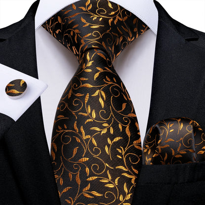 Luxury Black Gold Paisley Striped Floral Silk Men's Tie Set Handkerchief Cufflinks Wedding Party Accessories Groom Gift for Men