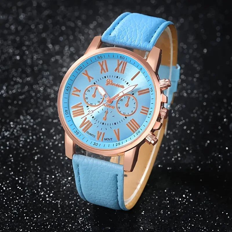 9-piece fashionable watch set, unisex quartz movement, round zinc alloy case, faux leather strap, none, mixed colors,
