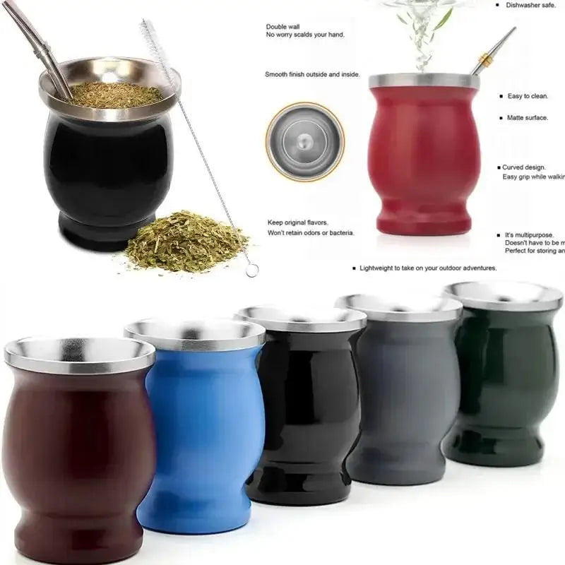 230ML Mate Cup 304 Stainless Steel Double Wall 8oz Portable Tea Mug Mate Tea Gourd With 2 In 1 Straw Spoon Give Cleaning Brush