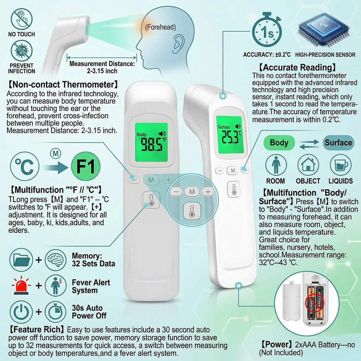 Digital Forehead Thermometer Electronic Contactless Clinical Accuracy Non-contact Body Temperature Meter Fever Or Oximeter