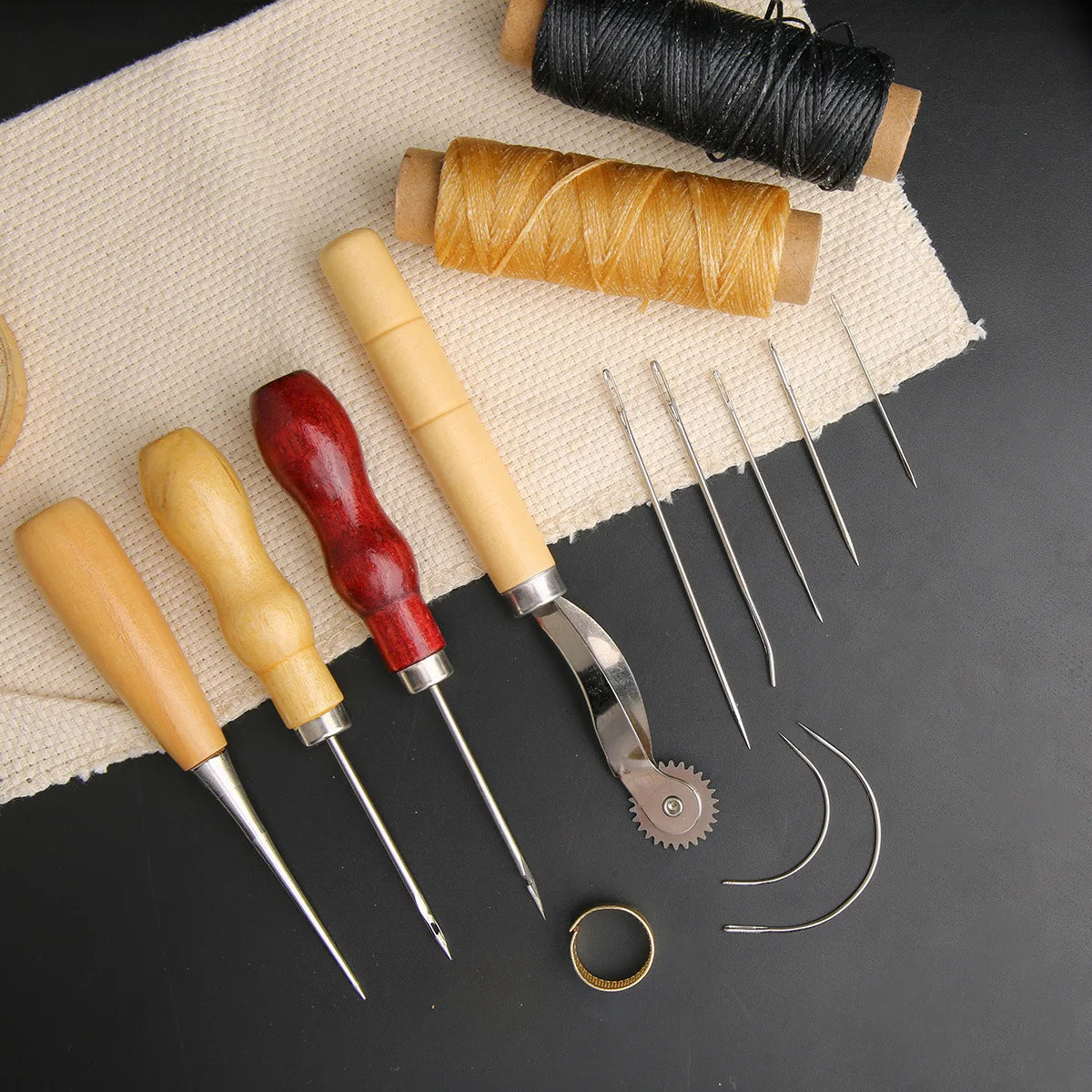 13 Pcs Leather Sewing Set Handbag Shoe Handmade Sewing Repair Kit with Awl Waxed Thread Stitching Needles Thimble for Home Leat