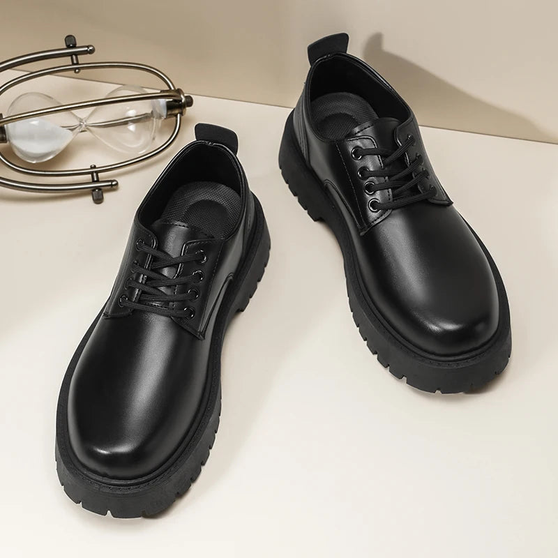 Men Chunky Sole Leather Oxford Shoes, Lace-up Non-slip Formal Footwear for Work, Wedding and Daily Business Occasions