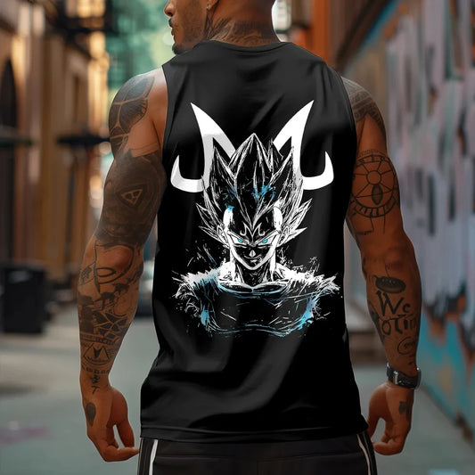 Dragon Ball Z Vegeta Black Sleeveless Shirt for Men Cotton Anime Print Tank Top with Horn Design Blue Power Effect Street Style