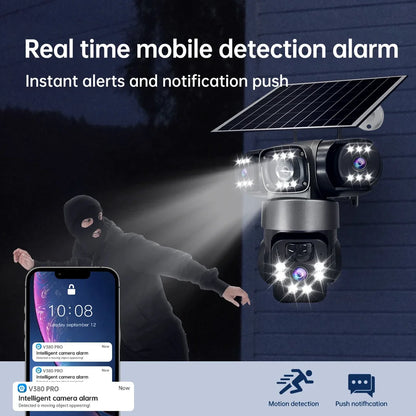 15MP IP Camera WiFi PTZ Three Camera Outdoor Wireless Solar 20000Mah Built-in Battery Video Surveillance Cam Long Time Standby