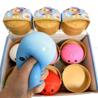 Colorful Dumpling Squishes Stress Balls Fidget Sensory Toys Simulation Food Squishies Bun with Steamer Squeeze Dough Ball Gifts