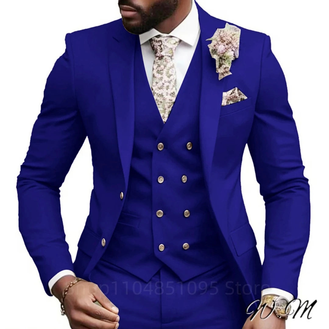 High Quality Green Business Men Suits Slim Fit Male Clothing Elegant Wedding 3 Piece Two Buttons Jacket Vest Pants Party Sets