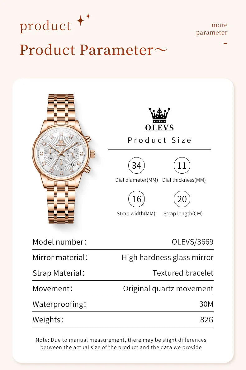 OLEVS 3669 Original Chronograph Quartz Wristwatch for Lady Calendar Waterproof Steel Strap Elegant Dress Women's Watches