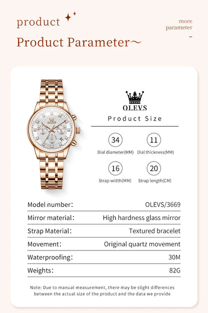 OLEVS 3669 Original Chronograph Quartz Wristwatch for Lady Calendar Waterproof Steel Strap Elegant Dress Women's Watches