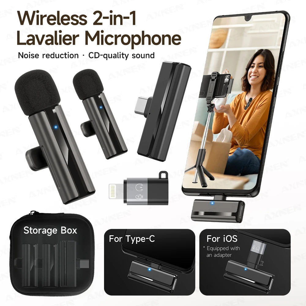 2-in-1 Wireless Lavalier Microphone for iPhone Android, Mini Pro Lapel Mic with Noise Reduction & Pickup for Vlog Live Recording