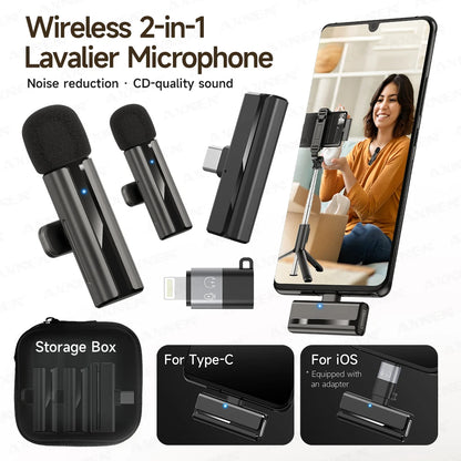 2-in-1 Wireless Lavalier Microphone for iPhone Android, Mini Pro Lapel Mic with Noise Reduction & Pickup for Vlog Live Recording