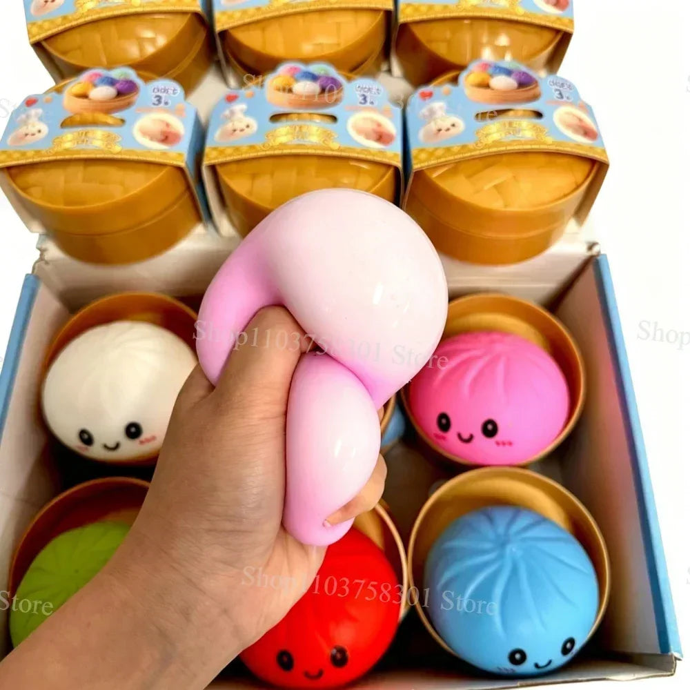 Colorful Dumpling Squishes Stress Balls Fidget Sensory Toys Simulation Food Squishies Bun with Steamer Squeeze Dough Ball Gifts