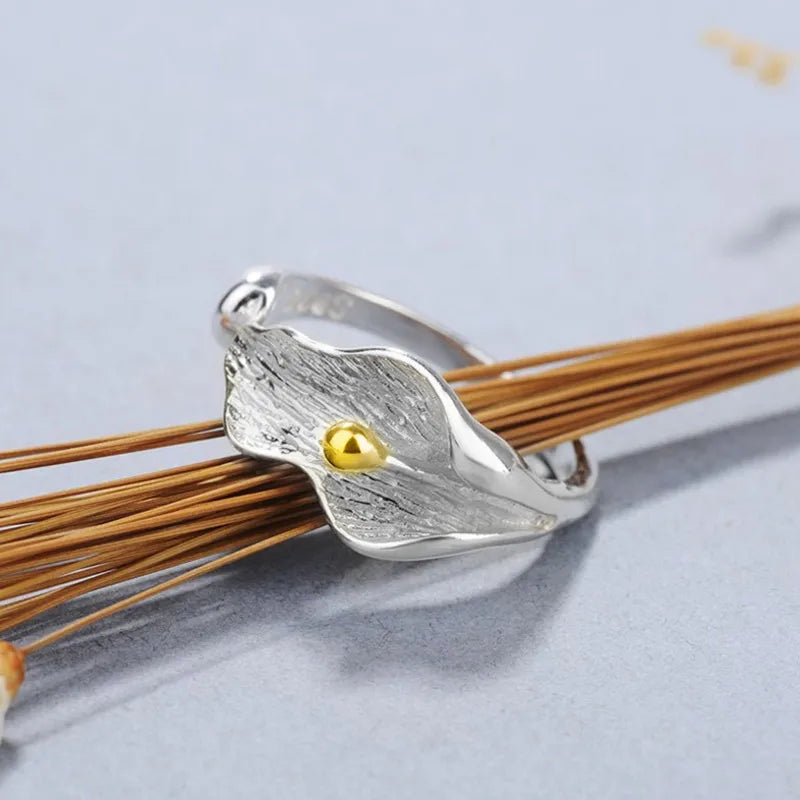 PANJBJ 925 Sterling Silver Lotus Ring For Women Retro TextureJewelry Irregular Creativity Adjustable Jewelry Party Gift Dropship