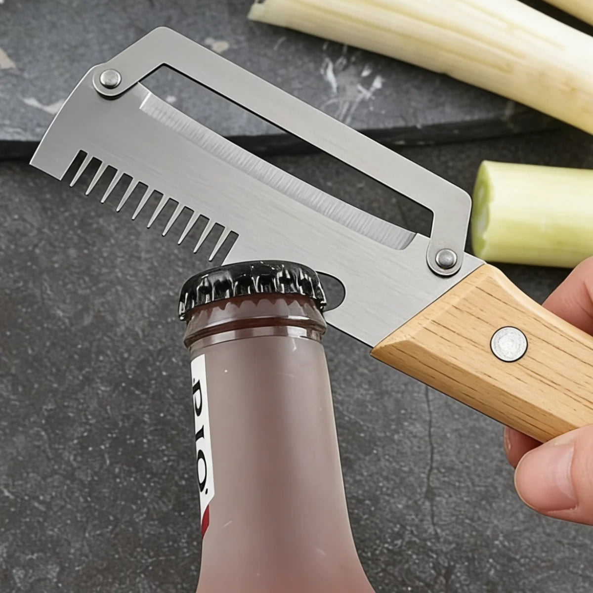 Multifunctional Vegetable Peeler with Sharp Stainless Steel Swivel Blade Wooden Handle and Bottle Opener for Kitchen Fruits