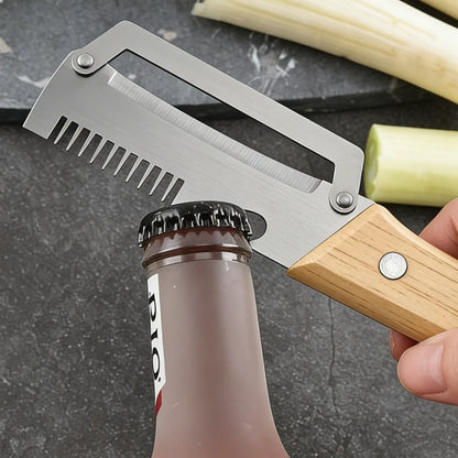 Multifunctional Vegetable Peeler with Sharp Stainless Steel Swivel Blade Wooden Handle and Bottle Opener for Kitchen Fruits