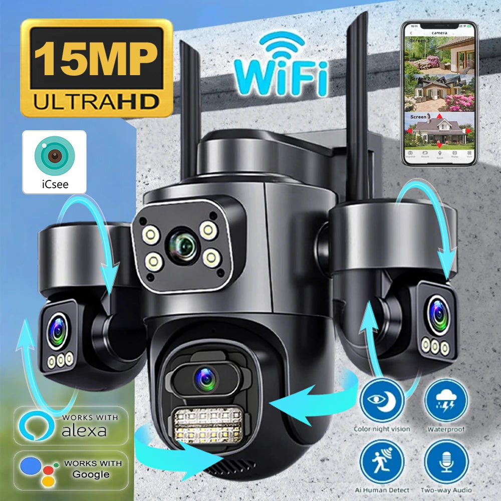 15MP ICSEE Protocol Security Camera 3-HD Screens Auto Tracking Color Night Vision 2-Way Audio Outdoor WiFi CCTV Cam