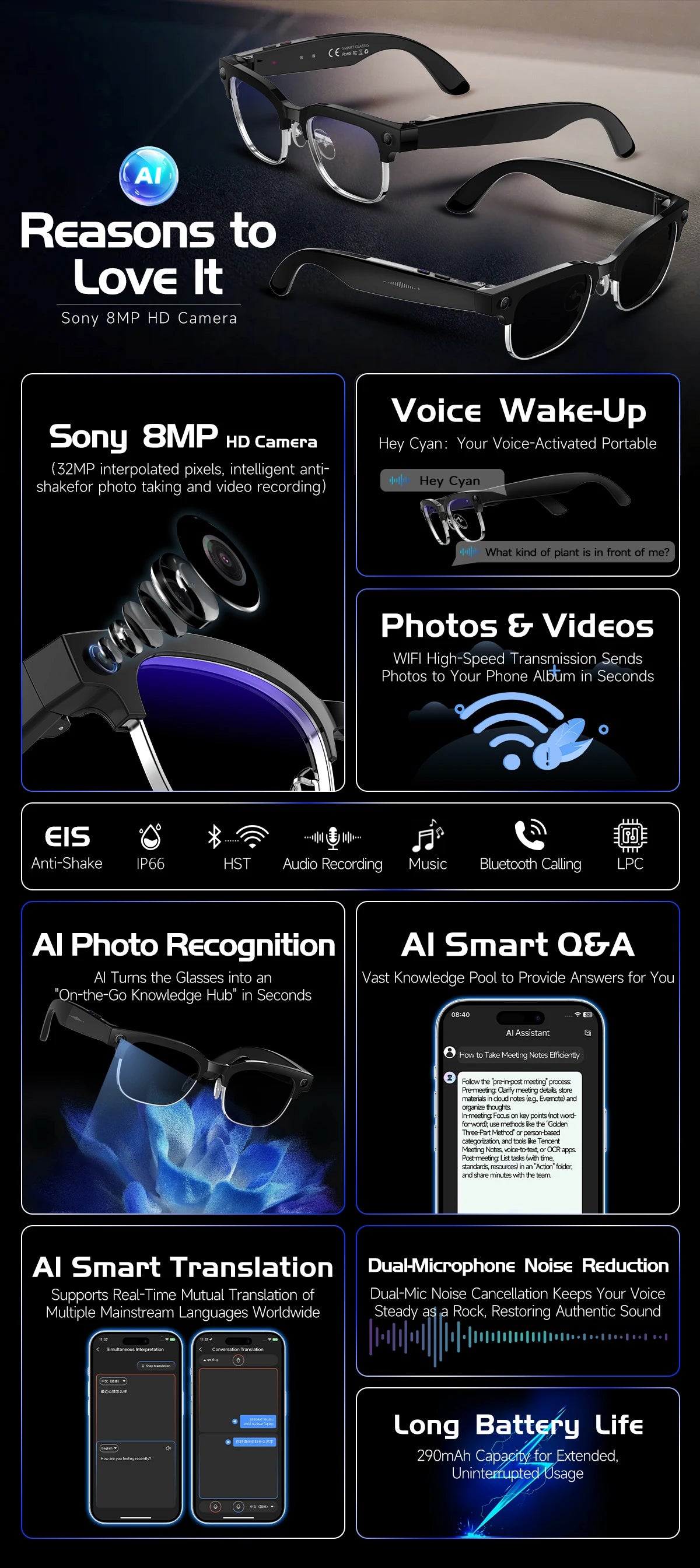 AI Smart Glasses for Men & Women 2026 New 8MP Camera 4K HD Video Recording AI Translation WiFi Bluetooth Call Music Photochromic