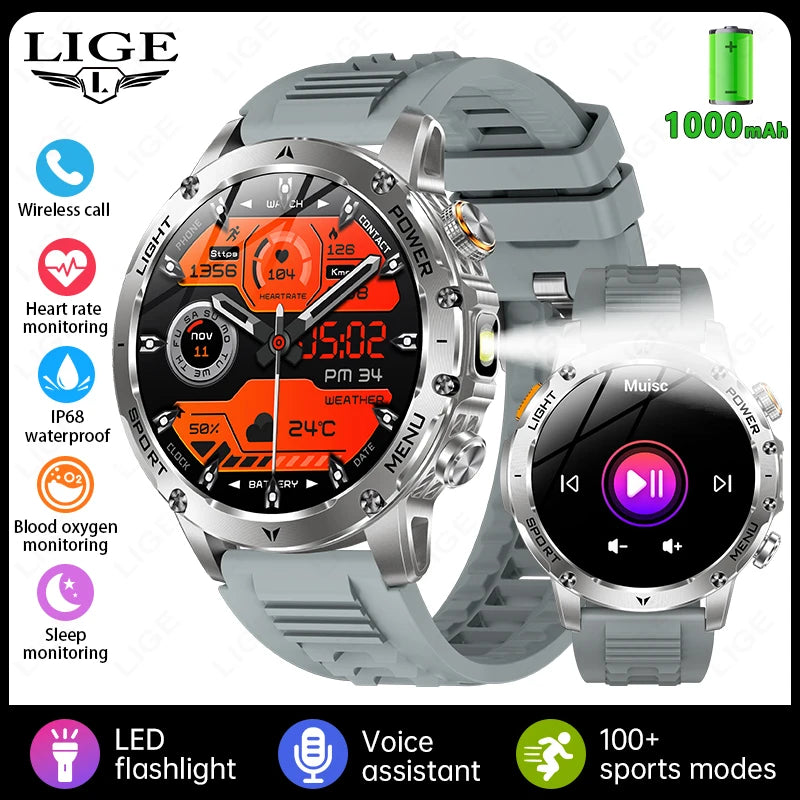LIGE 2026 New Ultra Military Grade 1000mAh Battery Smart Watch For Men IP68 Waterproof Sports Fitness Bluetooth Call Smartwatch