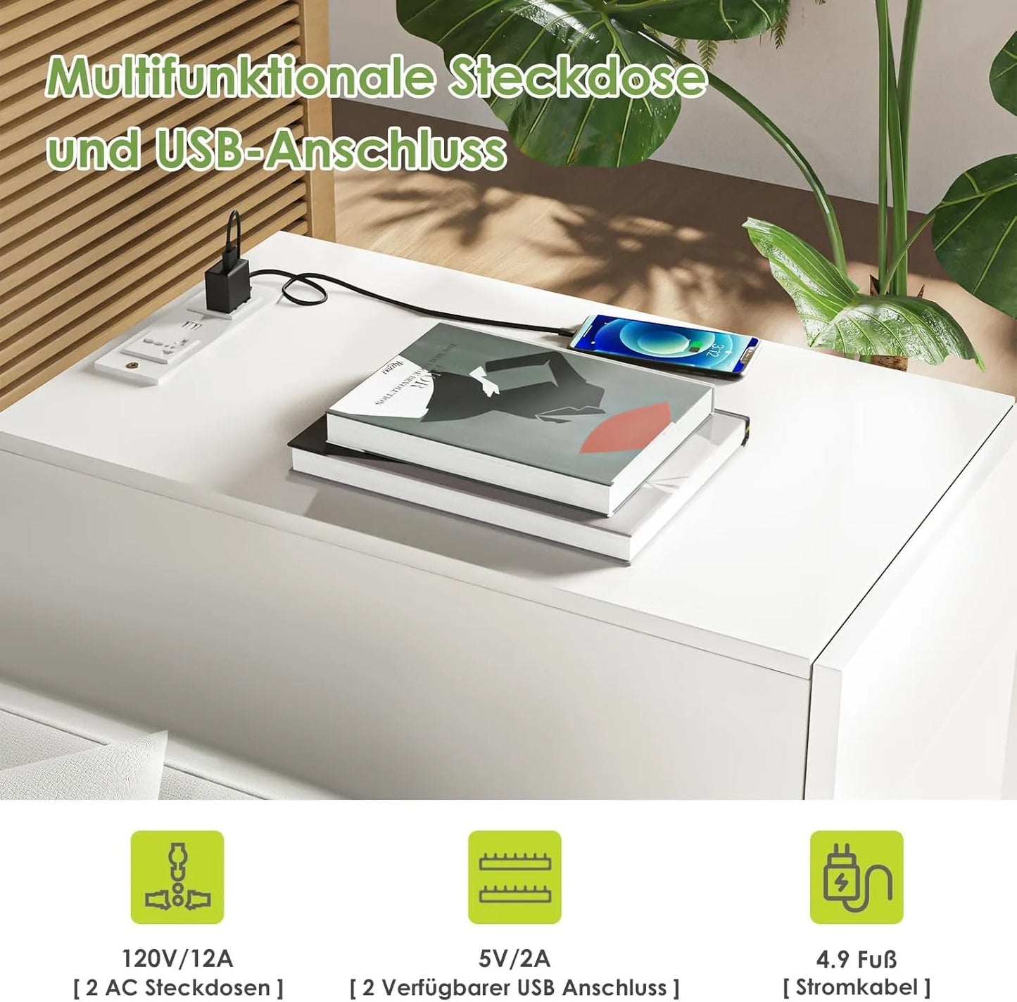 Drawer Cabinet LED Modern Nightstand Bedside Table with LED Lighting 3 Drawers USB Charging Function Narrow Sofa Table Furniture