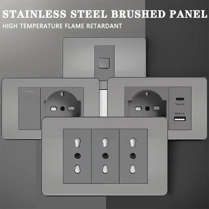 118 US Mexico Grey Stainless Steel Brushed 2way Electrical Light Switch Home Wall Socket Plug Double USB Type-C Power Outlet