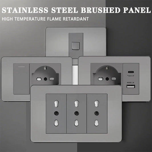 118 US Mexico Grey Stainless Steel Brushed 2way Electrical Light Switch Home Wall Socket Plug Double USB Type-C Power Outlet