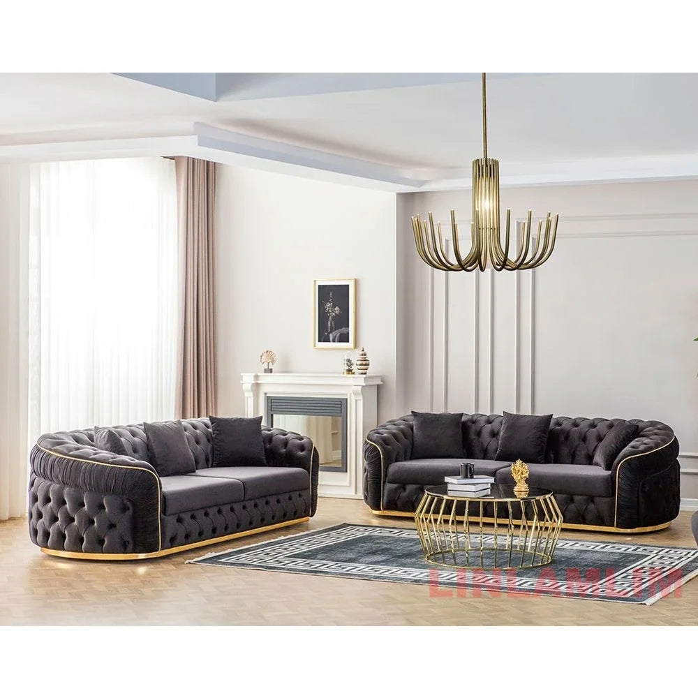 Luxury Chesterfield Sectional Sofa Set with Cloth Buttons and Fabric Modular Couch with Gold Stainless Steel Base, 3-seater Sofa