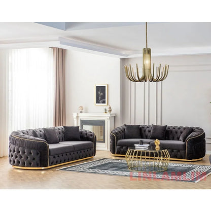 Luxury Chesterfield Sectional Sofa Set with Cloth Buttons and Fabric Modular Couch with Gold Stainless Steel Base, 3-seater Sofa