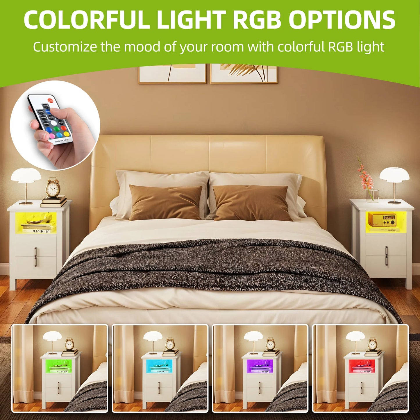 YITAHOME 2 - Piece LED White Bedside Table Set - 2 - Drawer Nightstands with LED Lighting for Bedroom and Living Room