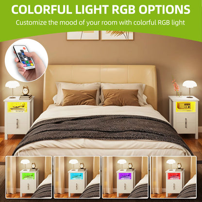 YITAHOME 2 - Piece LED White Bedside Table Set - 2 - Drawer Nightstands with LED Lighting for Bedroom and Living Room