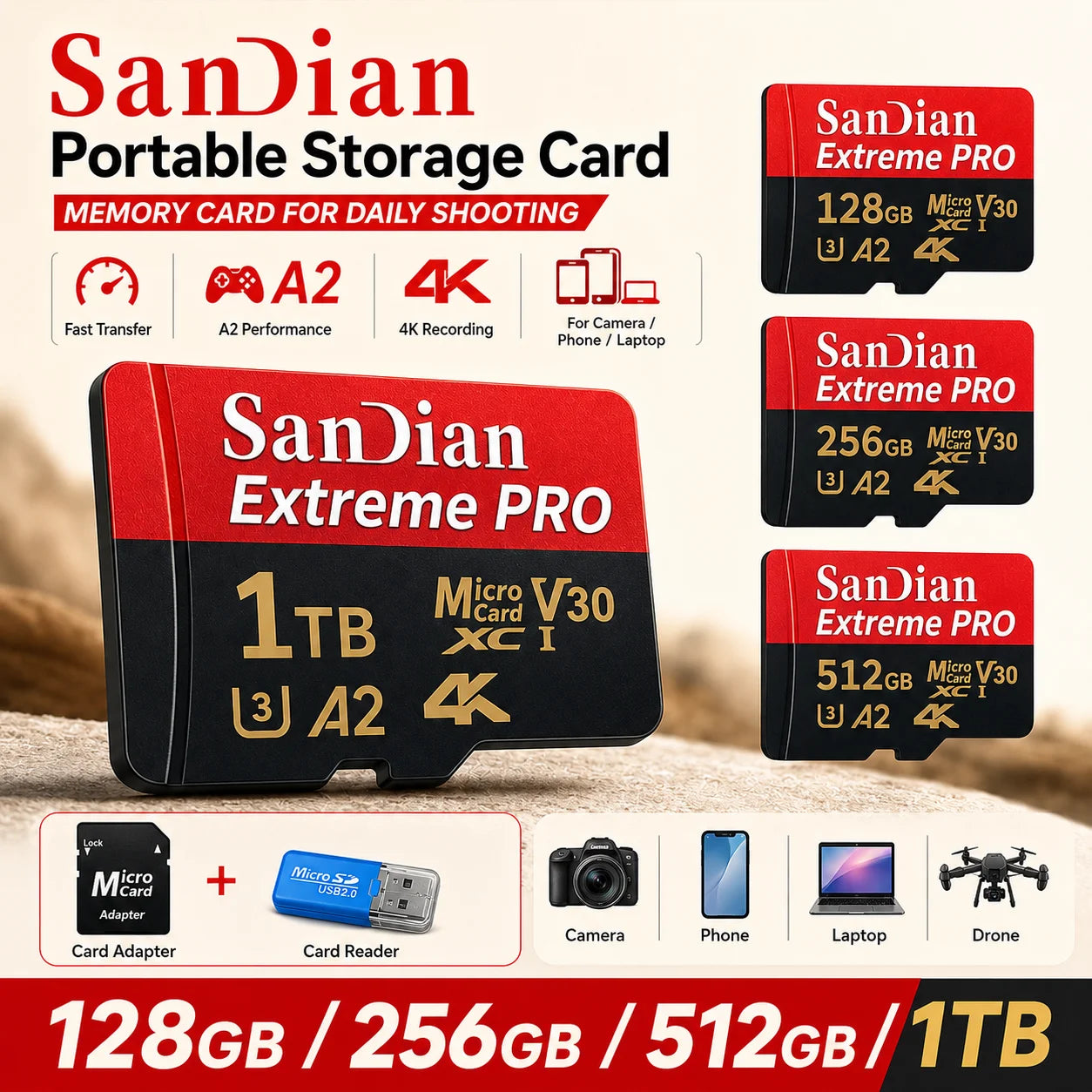 High Speed Flash Card 1TB Original SD Card 128GB Micro TF/SD Card Stable Performance for Laptops/Digital Camera/MP3 Player