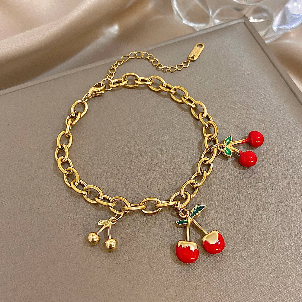 Fashion Gold Plated Stainless Steel Chain Bracelet for Women Cute Star Heart Cherry Tassel Charms Bracelets Waterproof Jewelry