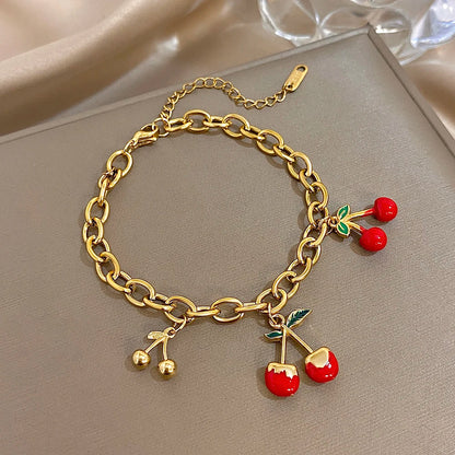 Fashion Gold Plated Stainless Steel Chain Bracelet for Women Cute Star Heart Cherry Tassel Charms Bracelets Waterproof Jewelry